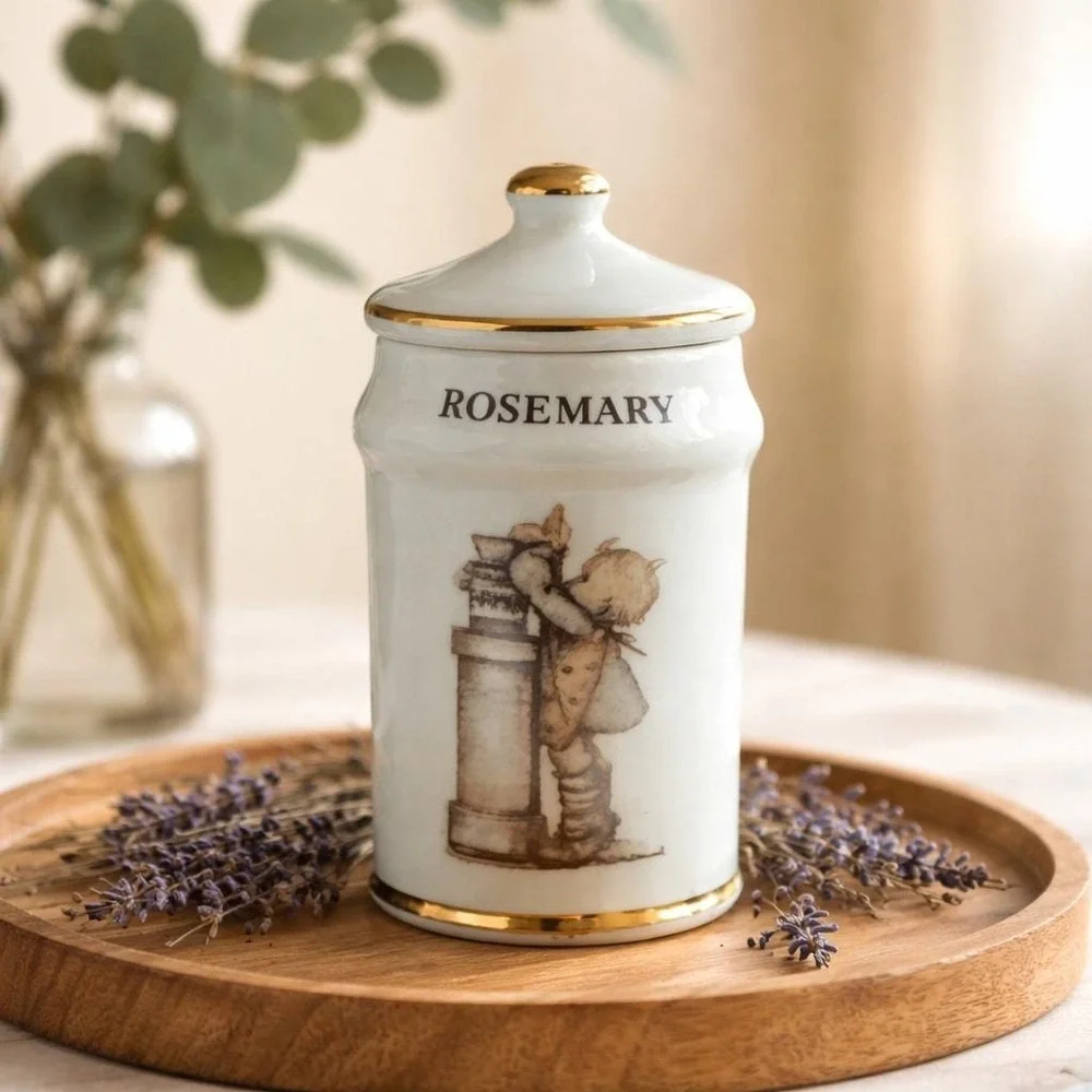 Hummel M.J. Vintage Rosemary Spice Jar Porcelain‎ White Gold Trim 1987